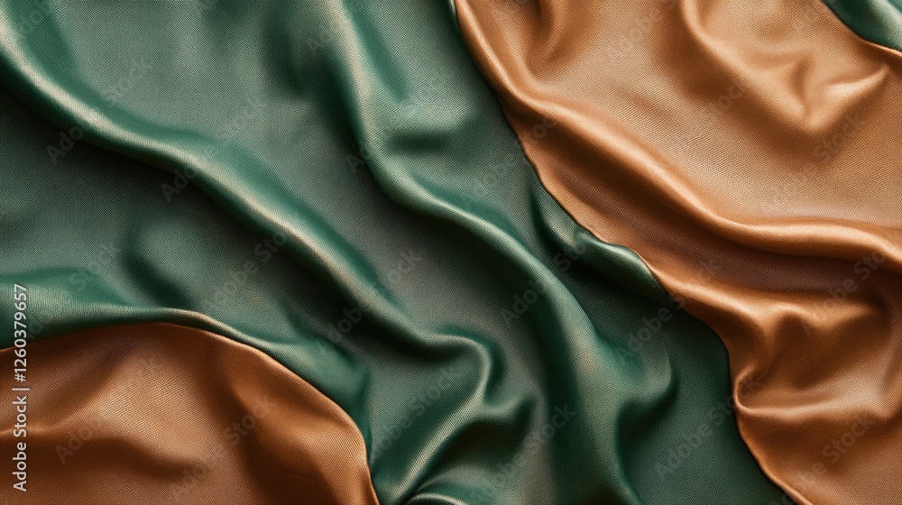Poster elegant green and brown satin fabric texture with flowing folds ideal for backgrounds or product pre