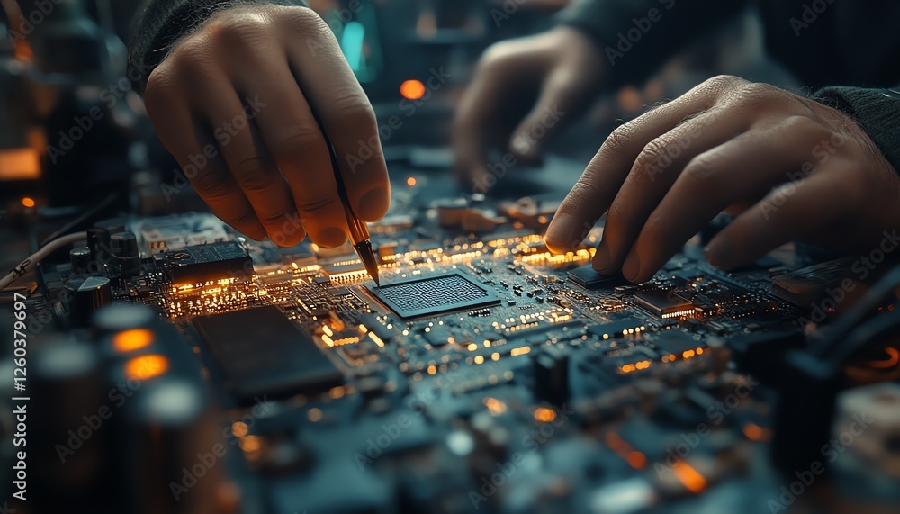 Poster dynamic scene of a technician working on a circuit board