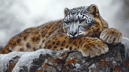 Fototapeta premium Snow Leopard Resting on Icy Rocks in Winter