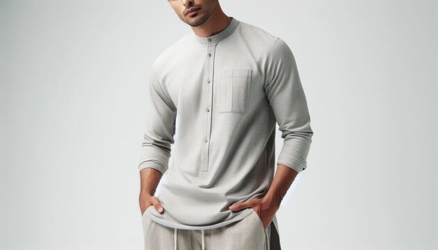 The clean white background allows the understated elegance of the casual wear to shine through