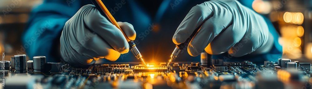Poster electronic technician focused on testing a microchip with multimeter probes