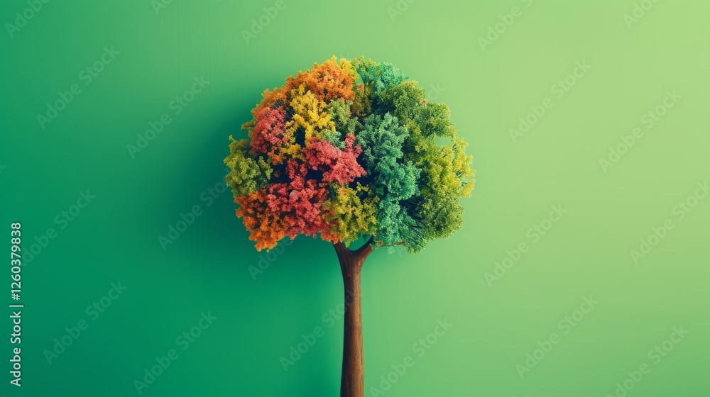 Poster a captivating tree model with multicolored foliage arranged in a gradient effect, set against a fres