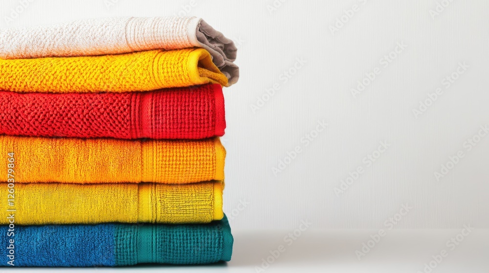 Poster vibrant stack of colorful towels against a white background showcasing soft textures and minimal cop