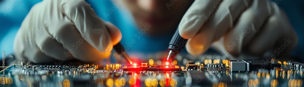 Poster electronic technician focused on testing a microchip with multimeter probes
