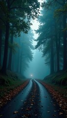Fototapeta premium The road disappears into the dark forest's depths, fog, leaves, branches