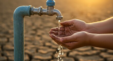 A close-up of two dirty dry hands cupped together under an old rusted water tap with only a few drops of water falling