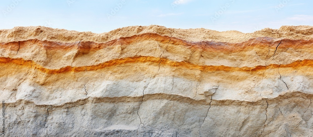 Poster textured layers of multi-colored sand in a mining site showcasing varied granule sizes against a cle