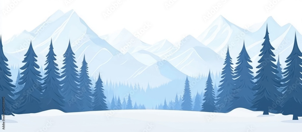 Poster winter landscape with tall evergreen trees and snow-capped mountains, featuring an empty area ideal 
