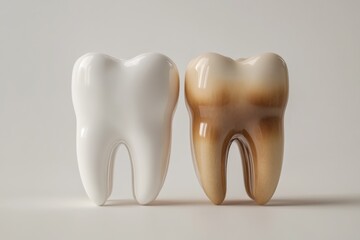 A set of clean and dirty teeth on a light coloured background. The concept of dental health. Health of tooth enamel