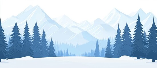 Fototapeta premium Winter landscape with tall evergreen trees and snow-capped mountains, featuring an empty area ideal for adding text or messages.