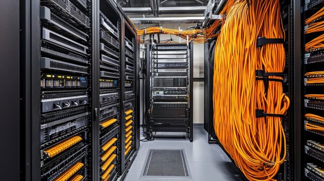 Modern server room showcasing organized data processing hardware with vibrant cables and ample copy space for promotional text.