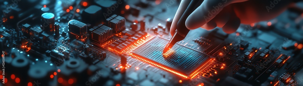 Poster futuristic depiction of an electronic technician working with precision on a microchip