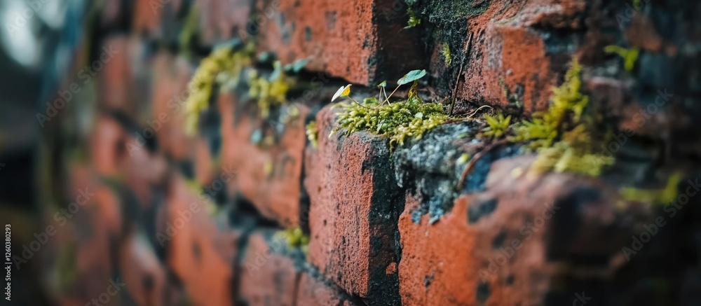 Poster close-up of a weathered red brick wall with moss and texture showcasing durability and character in 