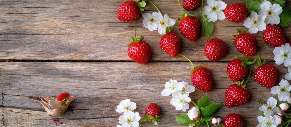 Aufkleber strawberries and bird cherry blossoms arranged on a wooden background with ample copy space view fro