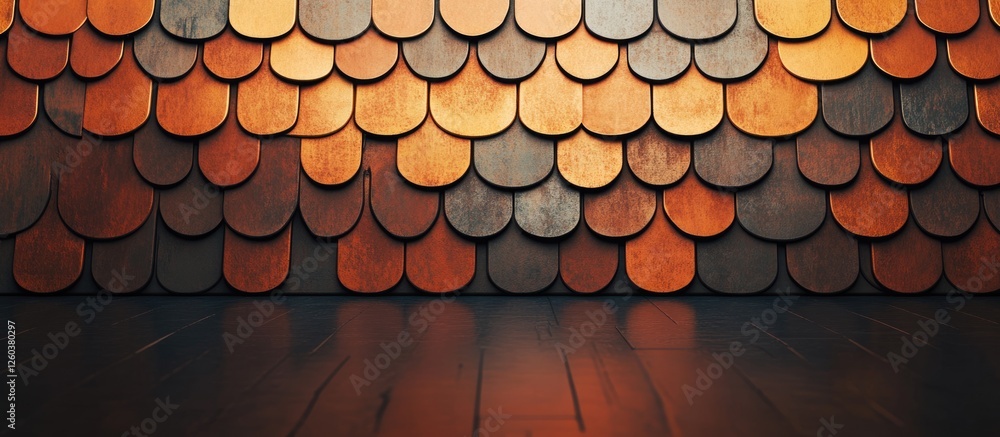 Poster textured roof tiles in warm hues with reflective surface and ample blank space for custom text displ