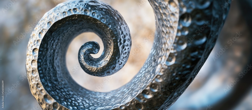 Poster metal spiral sculpture close-up showcasing intricate textures and patterns with a blurred background