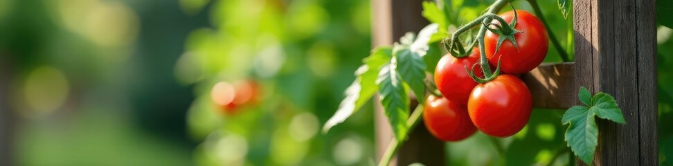 Tomatoes growing on a wooden trellis in a garden, wood, garden