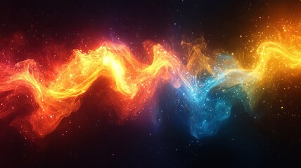 Vibrant abstract wave of fiery orange and cool blue hues, creating a dynamic flow of energy against a dark background, perfect for creative projects and digital designs.