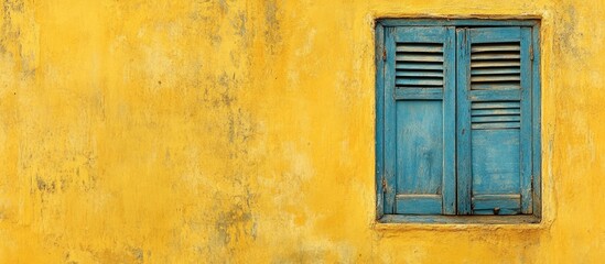 Vintage yellow wall with blue shutters framed in an old textured window background for rustic and nostalgic design concepts.