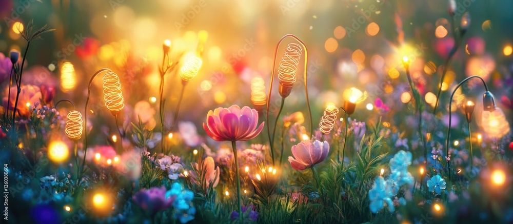 Poster spiral light bulbs illuminating a vibrant flower field at dusk creating a magical and enchanting atm