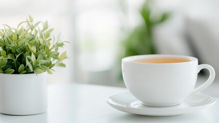 Teacup on table, plant, bright room, calm background, relaxing break