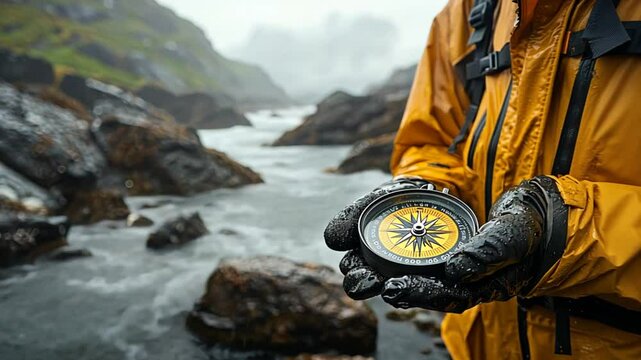 Hiker uses compass near ocean, foggy mountains