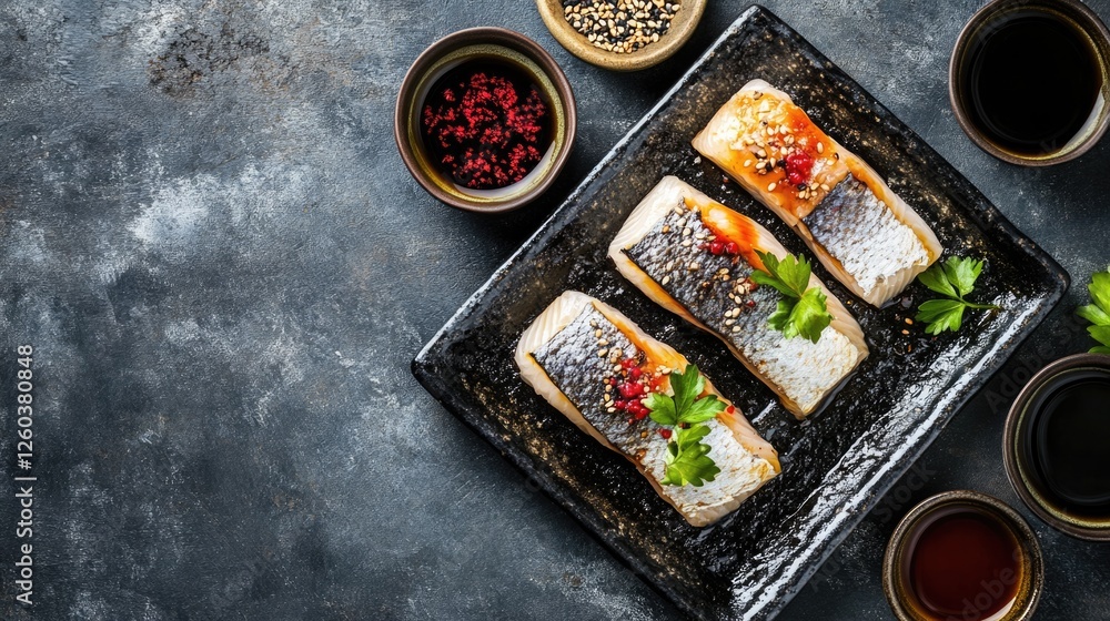 Poster tanned fish koji narezushi with japanese condiments and empty copyspace for text on rustic backgroun