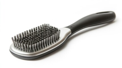 Double-sided stainless steel grooming brush for pets with rubber handle isolated on white background with ample empty space for text.