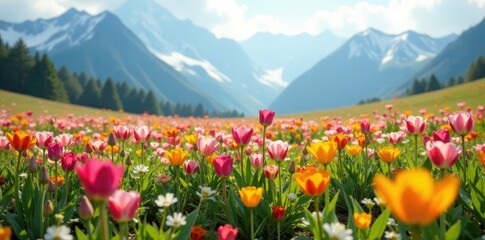 Obraz premium A field of blooming flowers with melting snow in the background, colorful flowers, spring morning