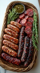 A tempting display of various savory sausages accompanied by a flavorful green dip and garnished with fresh herbs, perfect for any gourmet platter or tasting experience.