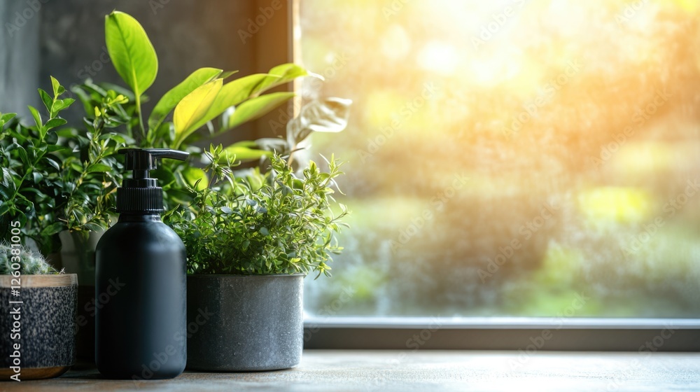 Poster spray bottle and vibrant greenery in sunlit apartment greenhouse creating a calm atmosphere with spa