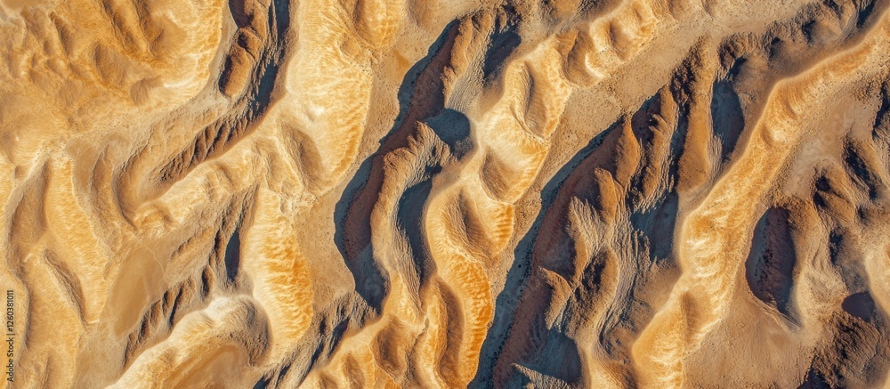 Poster aerial view of intricate patterns and textures in golden sand dunes creating a visually stunning nat