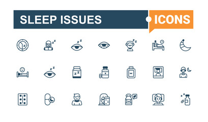 Sleep Issues collection. Includes icons for bullying, bedding, behaviour, dream, deprivation, man, trouble and more. Isolated icon. Solid line editable stroke. Vector line and solid icons.