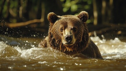 Obraz premium A brown bear fishing for salmon in a rushing river.
