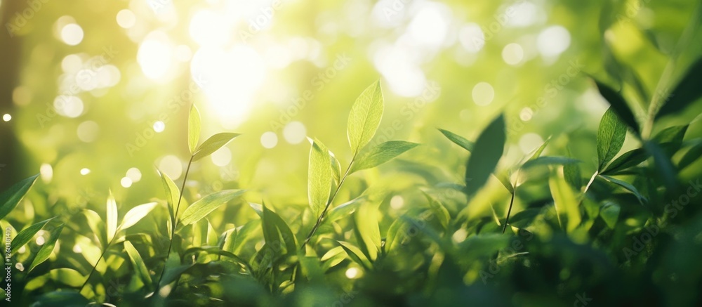 Aufkleber lush spring greenery with bokeh effect and warm sunlight creating a serene natural background for re
