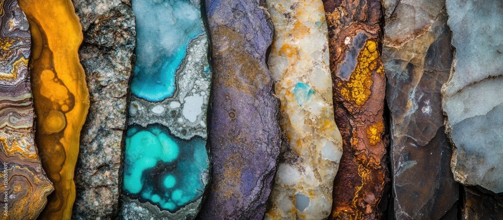 Poster textured stone surfaces showcasing diverse colors and intricate patterns illuminated for artistic an