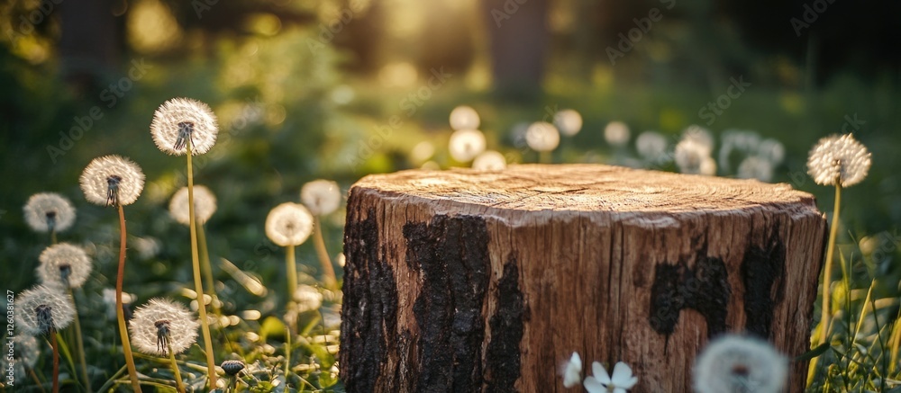 Poster stump in a sunlit clearing surrounded by dandelion flowers creating a serene natural texture backgro