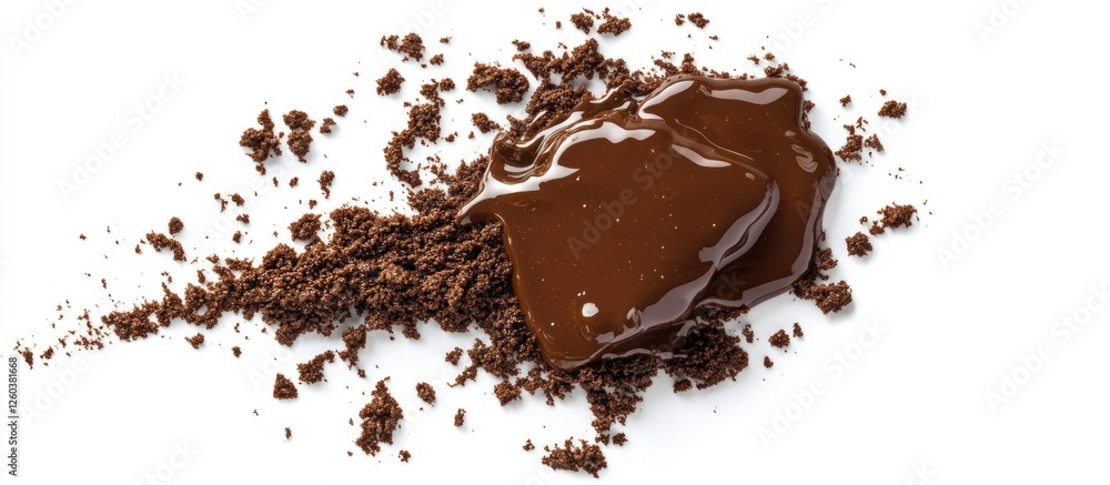 Poster coffee spill with grounds isolated on white background top view creating a messy, textured brown sur