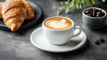Cappuccino in white cup on saucer with croissant and coffee beans creating a cozy atmosphere suitable for modern design and text overlay