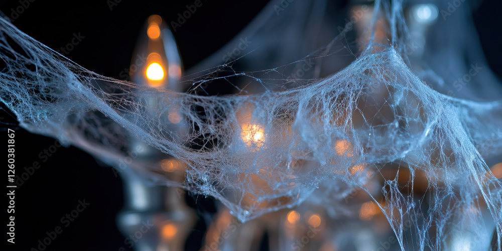 Poster artificial spiderweb on illuminated candelabra