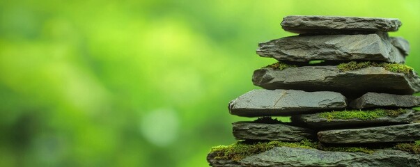 Criminal Law Restrictions concept. Stacked stones on a blurred green background.