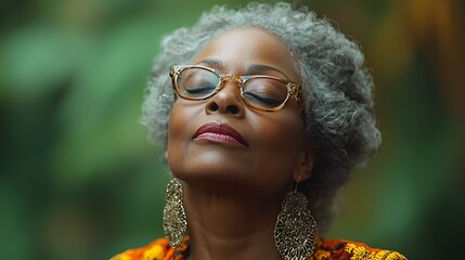 Thoughtful senior woman, serene expression, blurred nature background, portrait, potential use for wellness, mindfulness, or social media