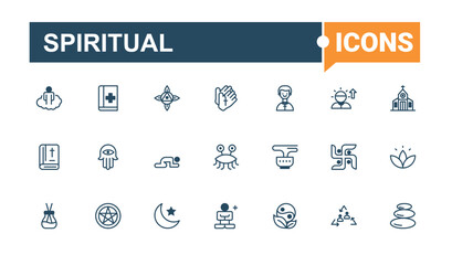 Spiritual minimal icon set. Related to healthy, exercise, aroma, relax, ayurveda and more. Thin linear style icons. Solid line editable stroke.