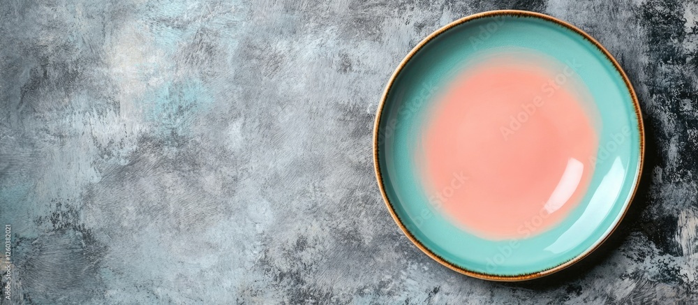 Poster teal and peach dinner plate on textured gray background with blank space for text or product display
