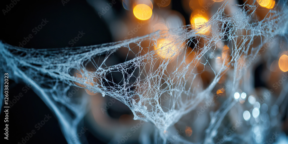 Poster close-up photograph of spiderweb with bokeh lights
