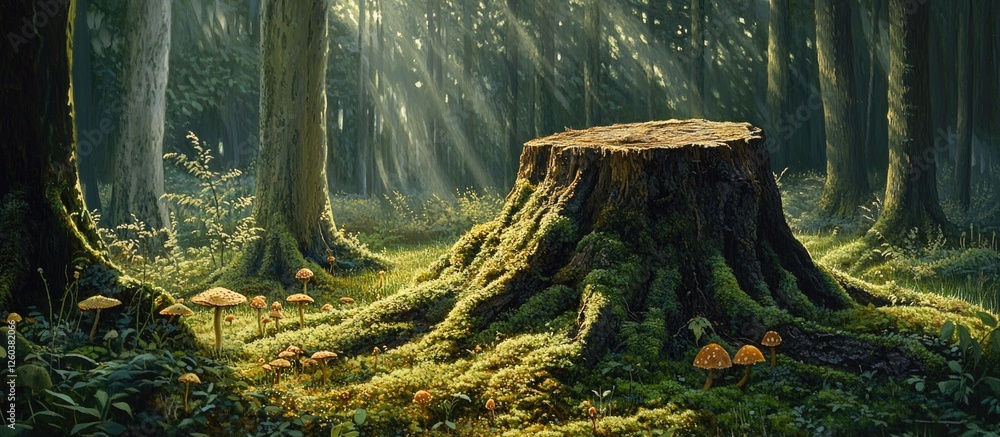 Poster moss-covered tree stump surrounded by lush greenery and soft sunlight filtering through forest trees