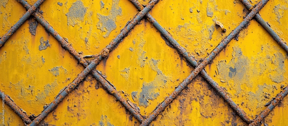 Poster rusty iron texture with yellow background featuring diamond pattern and weathered appearance. ideal 
