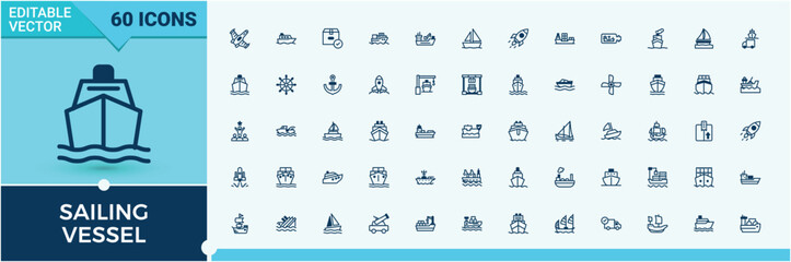 Sailing Vessel line icon. Related to ocean, transport, vacation, transportation, yacht, boat, cap, water. Flat icon. Solid line editable stroke. Vector line and solid icons.