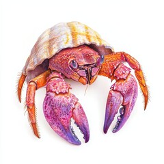 Vibrant Red and Purple Hermit Crab in Shell Detailed Watercolor Illustration