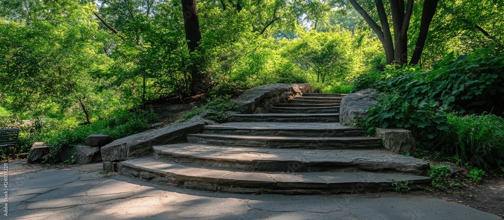 Poster curved old stone staircase surrounded by lush greenery in a serene park setting with natural light f